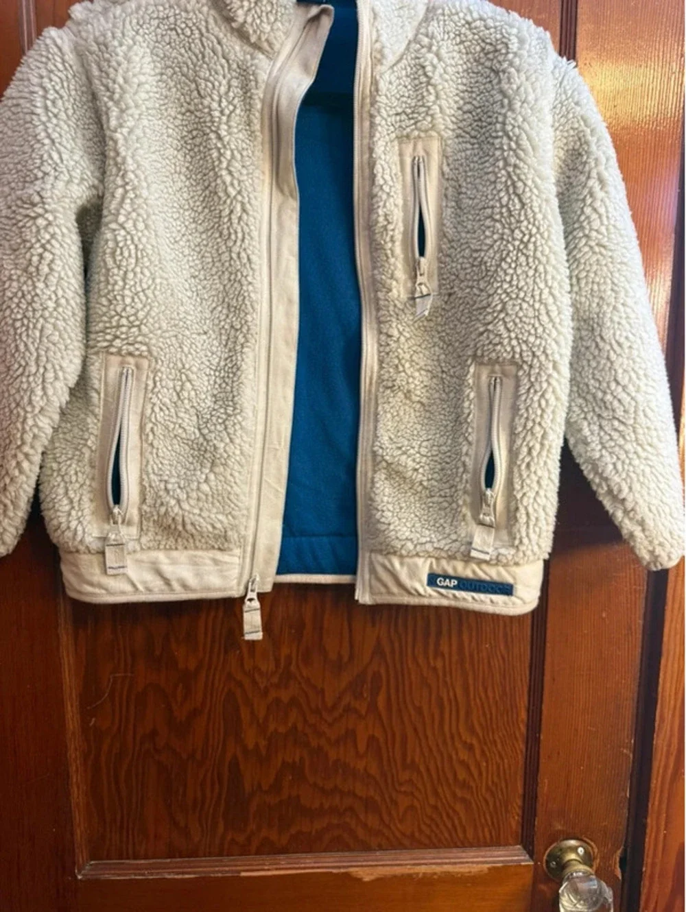 Gap Kids Outdoor Sherpa Fleece Jacket Small Cream Blue Full Zip